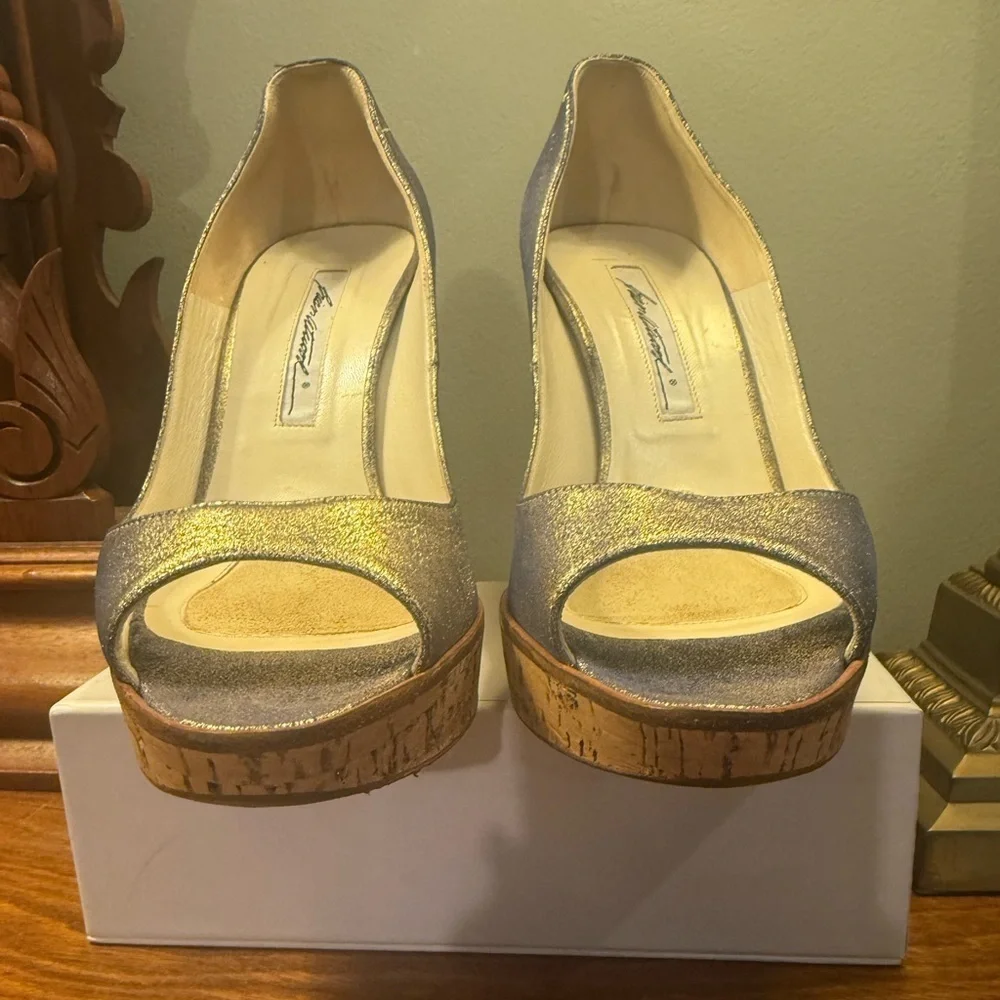 Brian Atwood Metallic Gold/Silver Leather 4”Cork Wedge Heels Size 8.5 MSRP $595